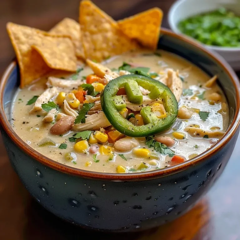 ['Close-up of creamy white chicken chili in a bowl, garnished with cilantro and cheese.', 'Appetizing side view of white chicken chili with green onions and tortilla chips.', 'Delicious creamy white chicken chili served in a rustic bowl, topped with avocado slices.', 'Hearty bowl of creamy white chicken chili featuring beans, corn, and shredded chicken.']