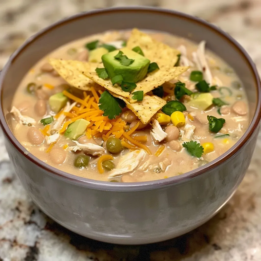 ['Close-up of creamy white chicken chili in a bowl, garnished with cilantro and cheese.', 'Appetizing side view of white chicken chili with green onions and tortilla chips.', 'Delicious creamy white chicken chili served in a rustic bowl, topped with avocado slices.', 'Hearty bowl of creamy white chicken chili featuring beans, corn, and shredded chicken.']