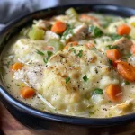 ['Close-up shot of a bowl of chicken and dumplings featuring golden biscuits on top.', 'Juicy chicken and dumplings in a creamy broth with visible vegetables and flaky biscuits.', 'Side view of a hearty chicken and dumplings dish with steam rising and ingredients visible.', 'Delicious homemade chicken and dumplings with a buttery biscuit topping in a rustic bowl.']
