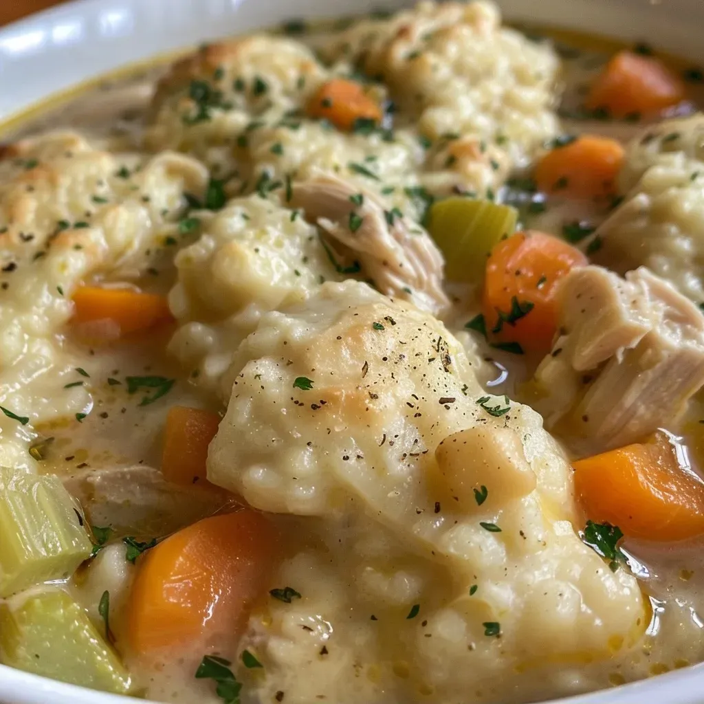 ['Close-up shot of a bowl of chicken and dumplings featuring golden biscuits on top.', 'Juicy chicken and dumplings in a creamy broth with visible vegetables and flaky biscuits.', 'Side view of a hearty chicken and dumplings dish with steam rising and ingredients visible.', 'Delicious homemade chicken and dumplings with a buttery biscuit topping in a rustic bowl.']