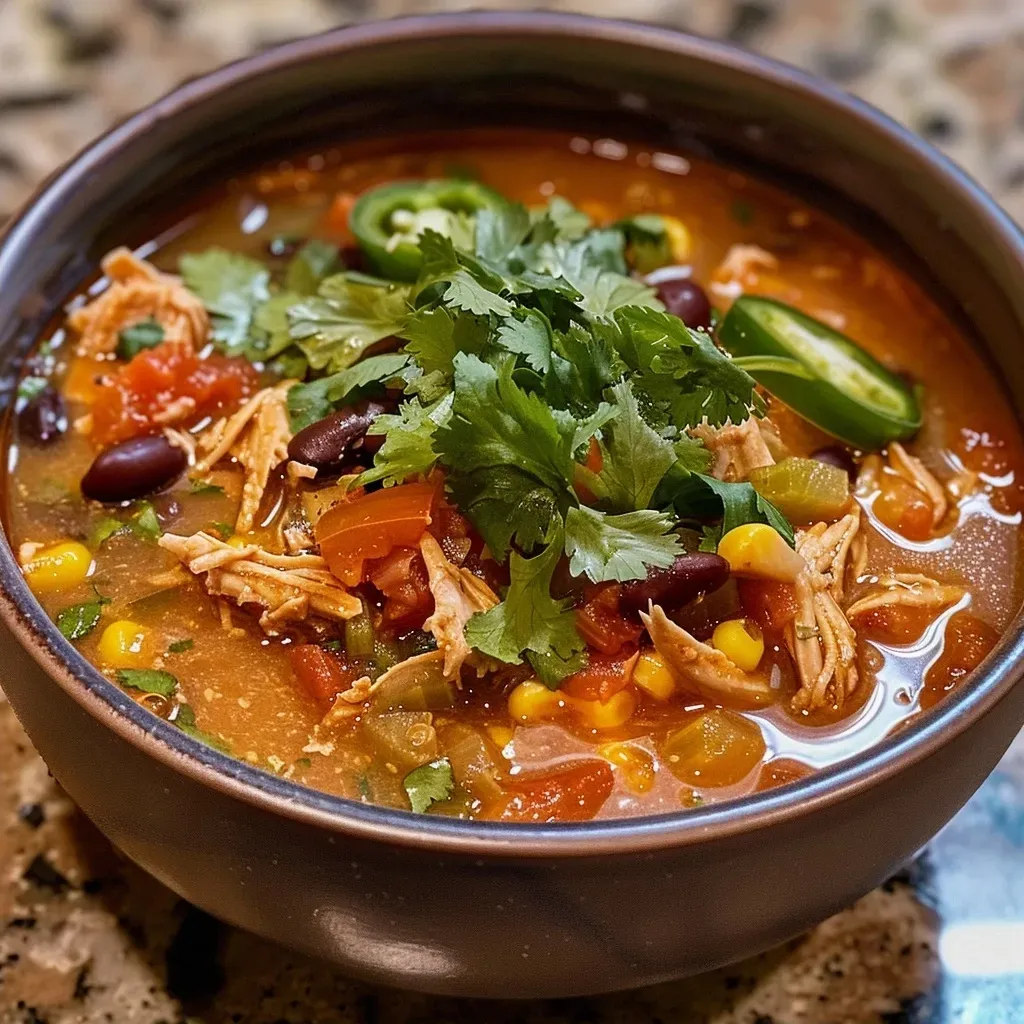 ['Close-up view of a bowl of Easy Chicken Tortilla Soup, showcasing vibrant ingredients.', 'Side view of a steaming bowl of chicken tortilla soup with fresh toppings.', 'Juicy chicken tortilla soup in a bowl, garnished with cilantro and tortilla strips.', 'Delicious chicken tortilla soup with a mix of colorful vegetables and toppings.']