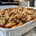 ['A close-up view of a delicious, golden-brown gluten-free apple crisp topped with oats.', 'A side view of a vintage-style apple crisp, featuring juicy apples and a crumbly oat topping.', 'Freshly baked gluten-free apple crisp with a crunchy topping, served in a rustic dish.', 'A warm apple crisp with cinnamon and nutmeg aroma, highlighting the golden apples beneath the crust.']