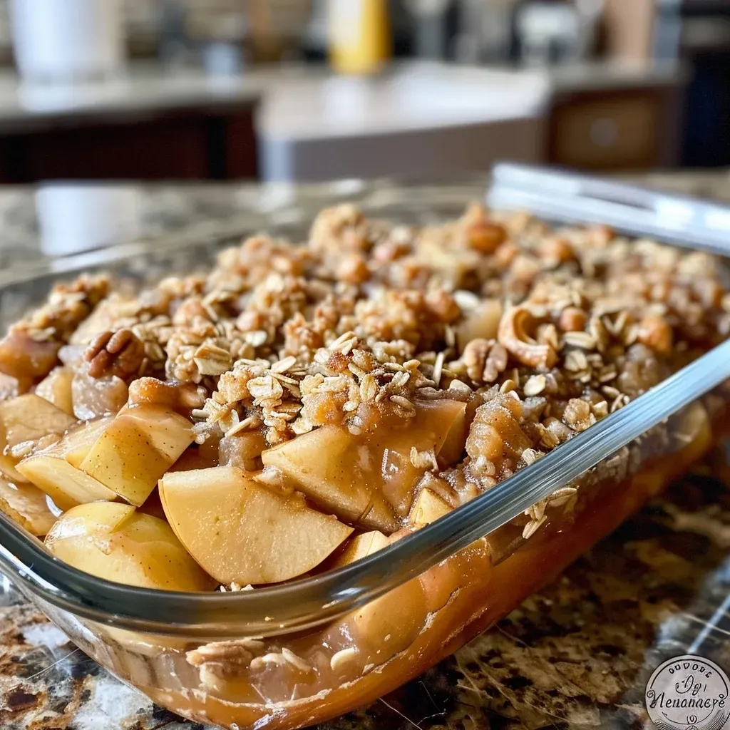 ['A close-up view of a delicious, golden-brown gluten-free apple crisp topped with oats.', 'A side view of a vintage-style apple crisp, featuring juicy apples and a crumbly oat topping.', 'Freshly baked gluten-free apple crisp with a crunchy topping, served in a rustic dish.', 'A warm apple crisp with cinnamon and nutmeg aroma, highlighting the golden apples beneath the crust.']