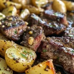 ['Close-up view of garlic butter steak bites and potatoes on a plate.', 'Juicy steak cubes and golden potatoes glistening with garlic butter.', 'Plate featuring tender steak bites and diced Yukon gold potatoes.', 'Appetizing garlic butter steak bites served with crispy potatoes.']