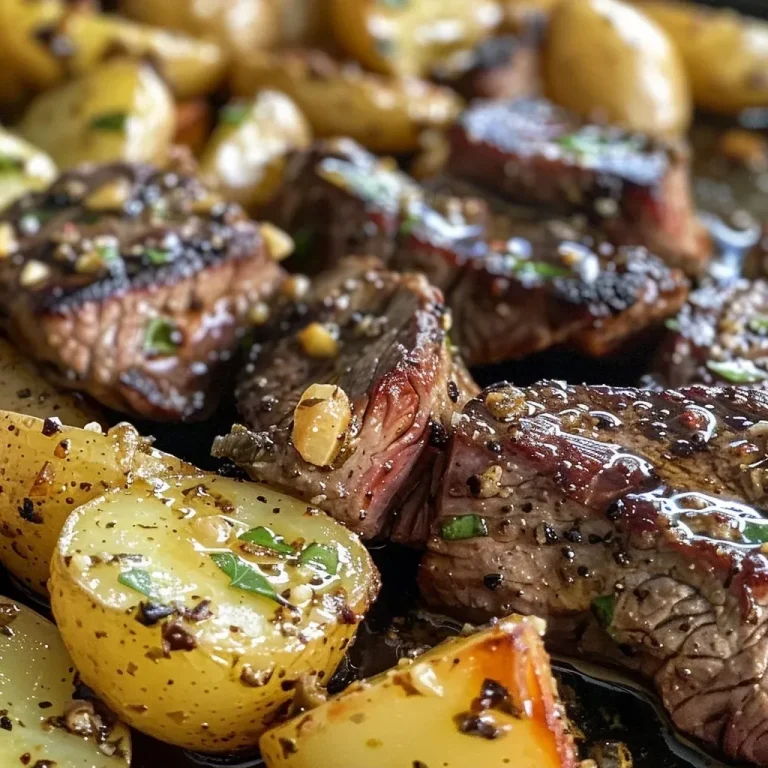 ['Close-up view of garlic butter steak bites and potatoes on a plate.', 'Juicy steak cubes and golden potatoes glistening with garlic butter.', 'Plate featuring tender steak bites and diced Yukon gold potatoes.', 'Appetizing garlic butter steak bites served with crispy potatoes.']