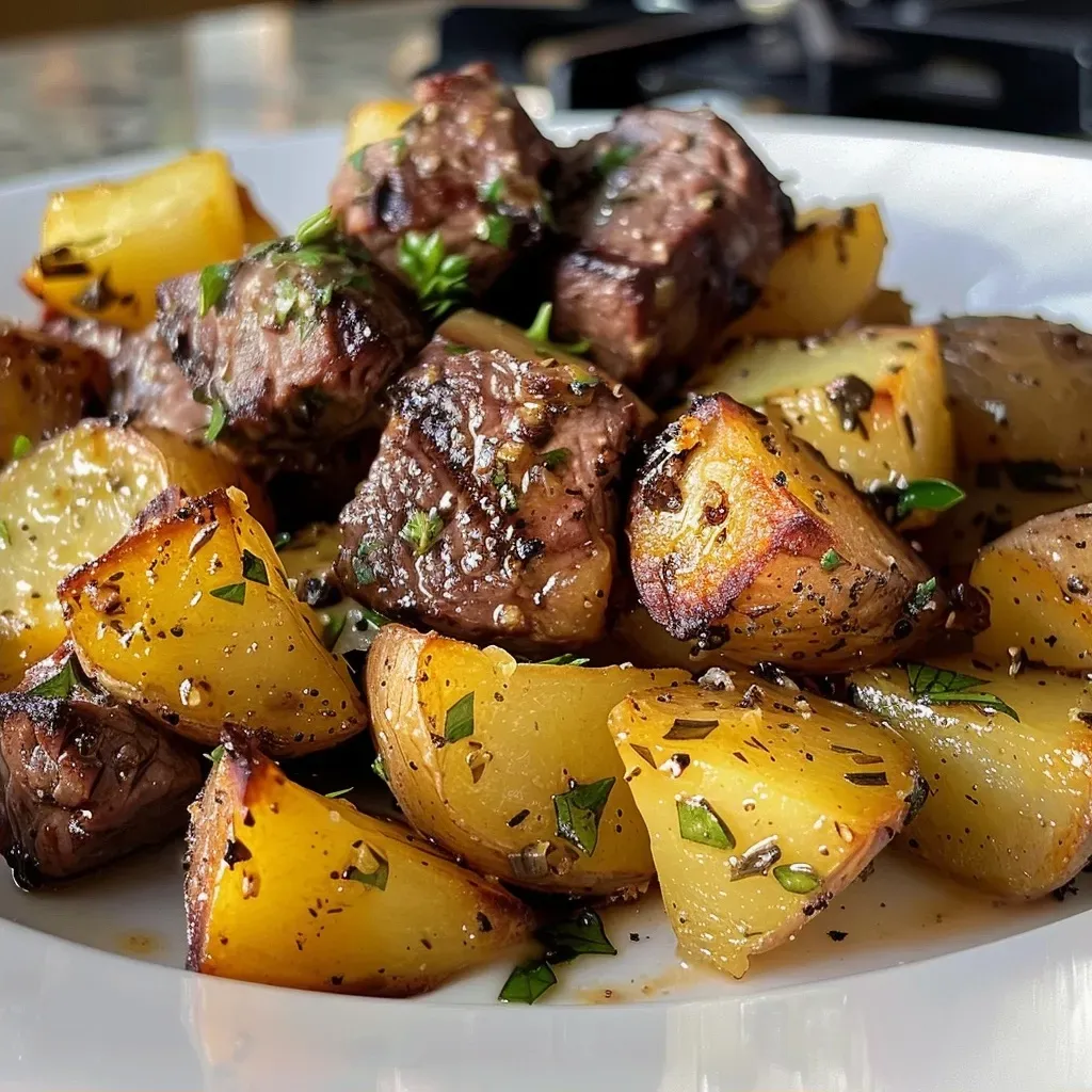 Close-up view of garlic butter steak bites and potatoes on a plate.