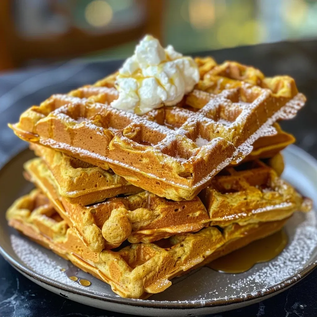 ['Close-up of golden brown gluten-free almond flour pumpkin waffles stacked on a plate.', 'Side view of a fluffy pumpkin waffle topped with syrup and a sprinkle of cinnamon.', 'A delicious stack of pumpkin waffles made with almond flour, garnished with syrup.', 'Image of gluten-free pumpkin waffles with almond flour, served on a rustic wooden table.']