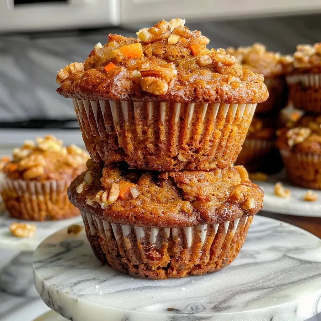 ['Close-up view of moist gluten free carrot cake muffins topped with cream cheese.', 'Side view of delicious carrot cake muffins sprinkled with walnuts and icing.', 'Juicy gluten free carrot muffins with a golden-brown crust and fresh carrots visible.', 'Tempting carrot cake muffins with a rich texture and warm spices showcased in detail.']