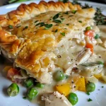 ['Close-up of a golden-brown gluten-free chicken pot pie with a flaky crust.', 'Side view of a freshly baked gluten-free chicken pot pie, showing its flaky crust and filling.', 'Juicy gluten-free chicken pot pie with visible vegetables and chicken inside, topped with a golden crust.', 'Delicious gluten-free chicken pot pie, highlighting its crispy exterior and hearty filling.']