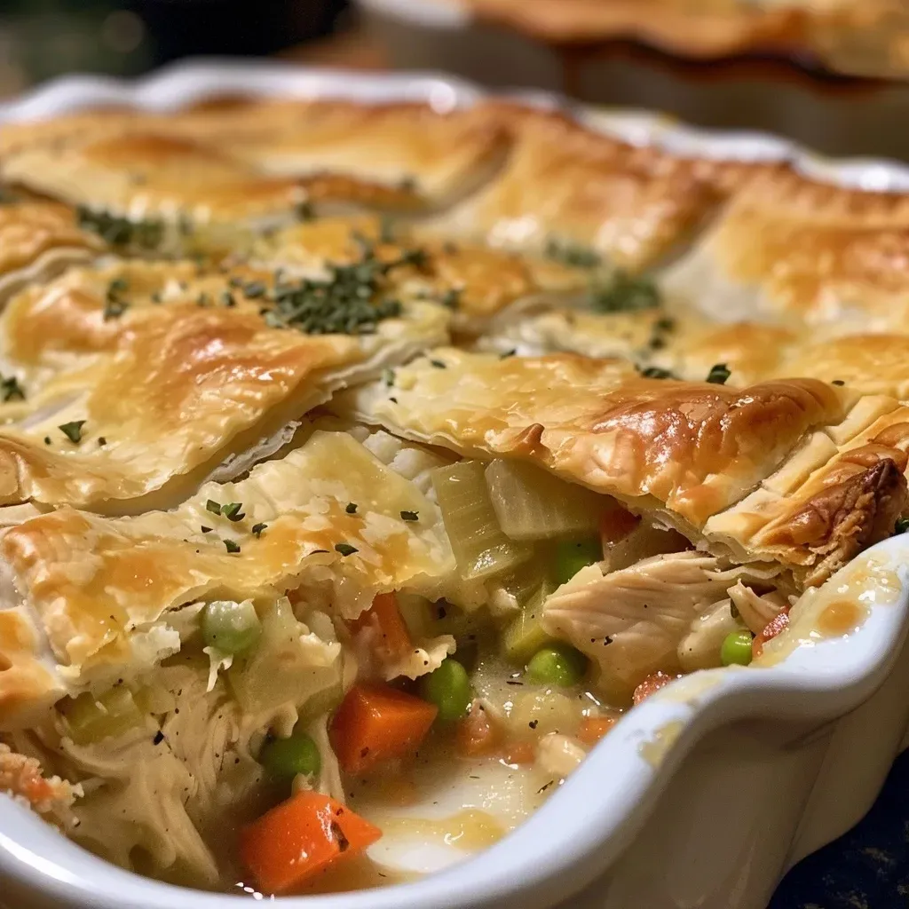 ['Close-up of a golden-brown gluten-free chicken pot pie with a flaky crust.', 'Side view of a freshly baked gluten-free chicken pot pie, showing its flaky crust and filling.', 'Juicy gluten-free chicken pot pie with visible vegetables and chicken inside, topped with a golden crust.', 'Delicious gluten-free chicken pot pie, highlighting its crispy exterior and hearty filling.']