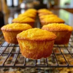 ['A close-up view of golden-brown gluten-free corn muffins with a fluffy texture.', 'Side view of freshly baked gluten-free corn muffins, showcasing their moist interior.', 'Juicy gluten-free corn muffins arranged on a plate, highlighting their enticing color.', 'Detailed side angle of gluten-free corn muffins, emphasizing their crumbly top and moisture.']