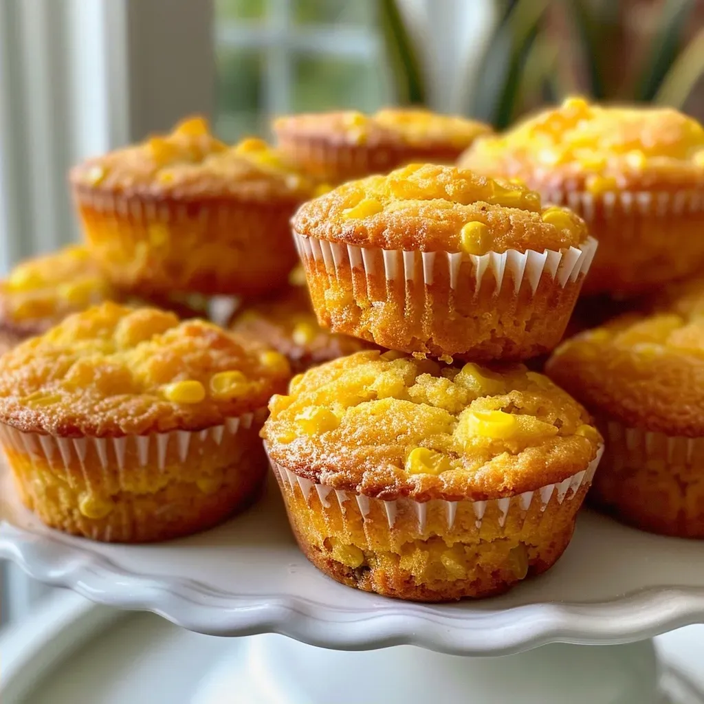 ['A close-up view of golden-brown gluten-free corn muffins with a fluffy texture.', 'Side view of freshly baked gluten-free corn muffins, showcasing their moist interior.', 'Juicy gluten-free corn muffins arranged on a plate, highlighting their enticing color.', 'Detailed side angle of gluten-free corn muffins, emphasizing their crumbly top and moisture.']