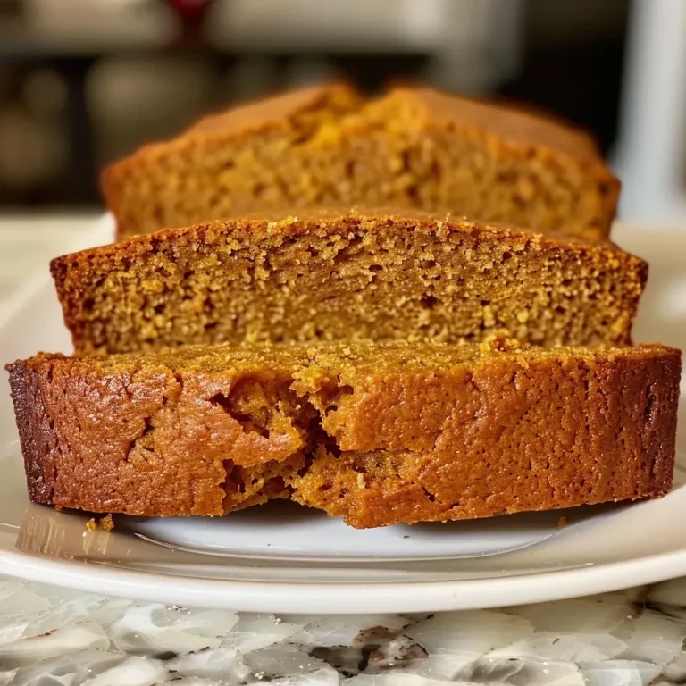 ['Close-up view of a slice of gluten-free pumpkin bread with a moist texture.', 'Side view of gluten-free pumpkin bread displaying its dense, soft interior.', 'Juicy and rich gluten-free pumpkin bread cut into thick slices, highlighting its spices.', 'A delicious portion of gluten-free pumpkin bread showcasing its vibrant pumpkin color.']