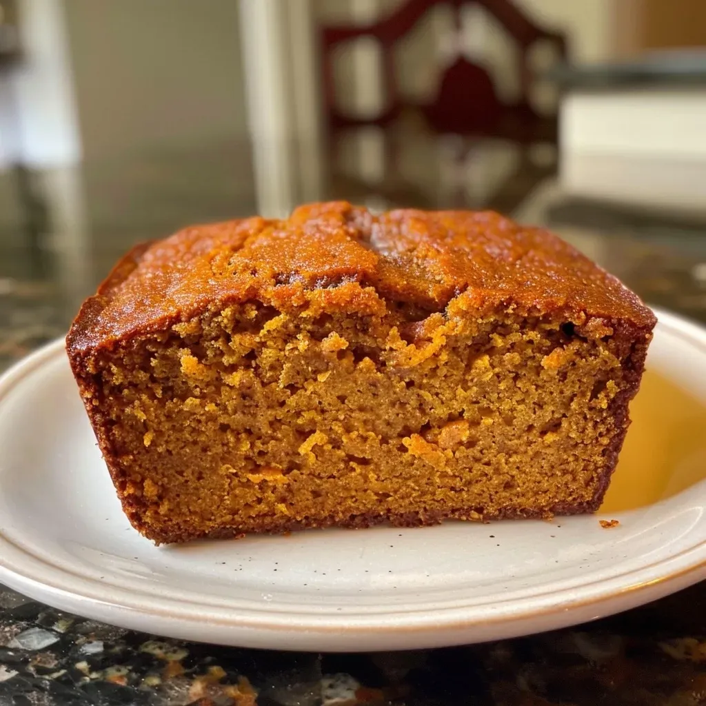 ['Close-up view of a slice of gluten-free pumpkin bread with a moist texture.', 'Side view of gluten-free pumpkin bread displaying its dense, soft interior.', 'Juicy and rich gluten-free pumpkin bread cut into thick slices, highlighting its spices.', 'A delicious portion of gluten-free pumpkin bread showcasing its vibrant pumpkin color.']