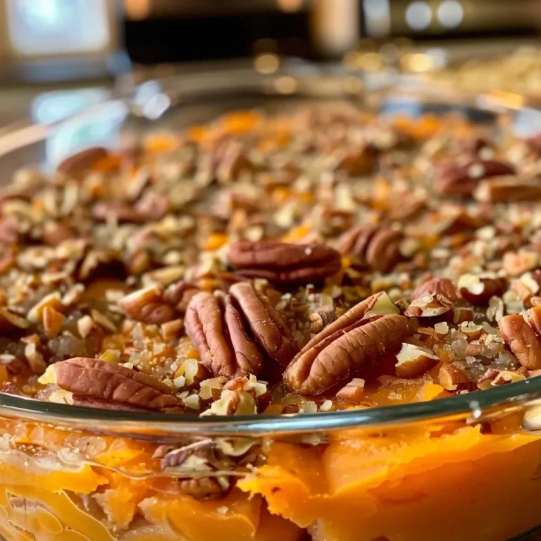 ['Close up of a delicious Gluten-Free Sweet Potato Casserole with a golden-brown topping.', 'Side view of a warm Gluten-Free Sweet Potato Casserole, showcasing its creamy texture and pecan topping.', 'Textured image of Gluten-Free Sweet Potato Casserole with glistening melted butter and crunchy pecans on top.', 'Savory Gluten-Free Sweet Potato Casserole served in a dish, emphasizing its rich orange sweetness and nutty finish.']
