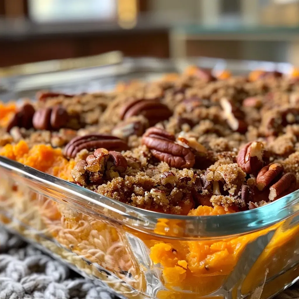 ['Close up of a delicious Gluten-Free Sweet Potato Casserole with a golden-brown topping.', 'Side view of a warm Gluten-Free Sweet Potato Casserole, showcasing its creamy texture and pecan topping.', 'Textured image of Gluten-Free Sweet Potato Casserole with glistening melted butter and crunchy pecans on top.', 'Savory Gluten-Free Sweet Potato Casserole served in a dish, emphasizing its rich orange sweetness and nutty finish.']