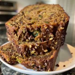 ['Close-up view of moist gluten-free zucchini bread with chocolate chips and walnuts.', 'Side view of freshly baked gluten-free zucchini bread, showcasing its texture and ingredients.', 'Slice of gluten-free zucchini bread featuring dark chocolate chips and a sprinkle of nuts.', 'Deliciously baked zucchini bread cut to reveal its tender crumb and rich toppings.']