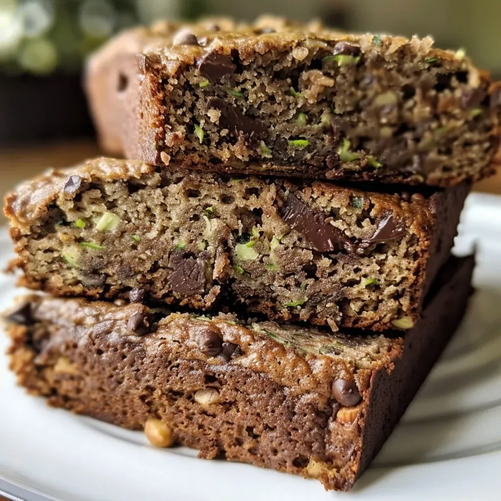 Close-up view of moist gluten-free zucchini bread with chocolate chips and walnuts.