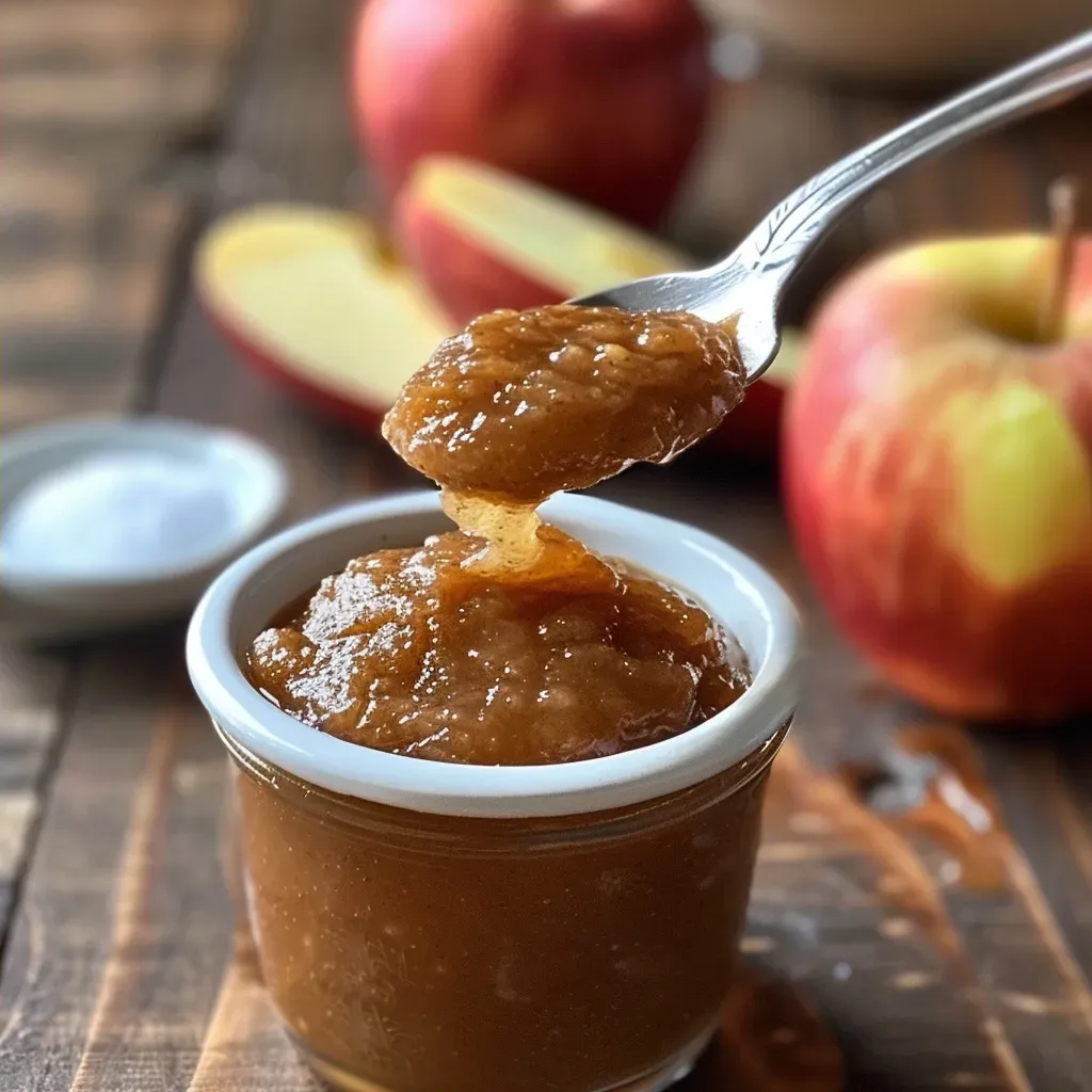 ['Close-up view of a jar of Healthy Apple Butter with a rich, smooth texture and a warm brown color.', 'Side profile of Healthy Apple Butter in a glass jar, showcasing its glossy surface and thick consistency.', 'Detailed shot of Healthy Apple Butter, highlighting its creamy texture and warm hues, surrounded by apples.', 'Close-up image of Healthy Apple Butter with a spoon resting beside it, displaying a thick, velvety spread.']