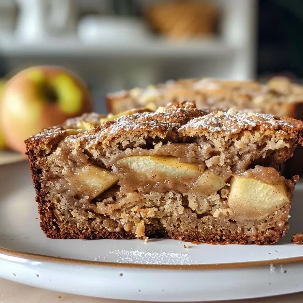 ['Close-up of a slice of healthy apple cinnamon bread with a golden-brown crust and visible apple chunks.', 'Side view of freshly baked gluten-free apple cinnamon bread, showcasing its moist interior and apple pieces.', 'Delicious apple cinnamon bread displayed on a wooden surface, highlighting its texture and cinnamon sprinkle on top.', 'A slice of dairy-free apple cinnamon bread with a soft crumb, featuring diced apples throughout.']