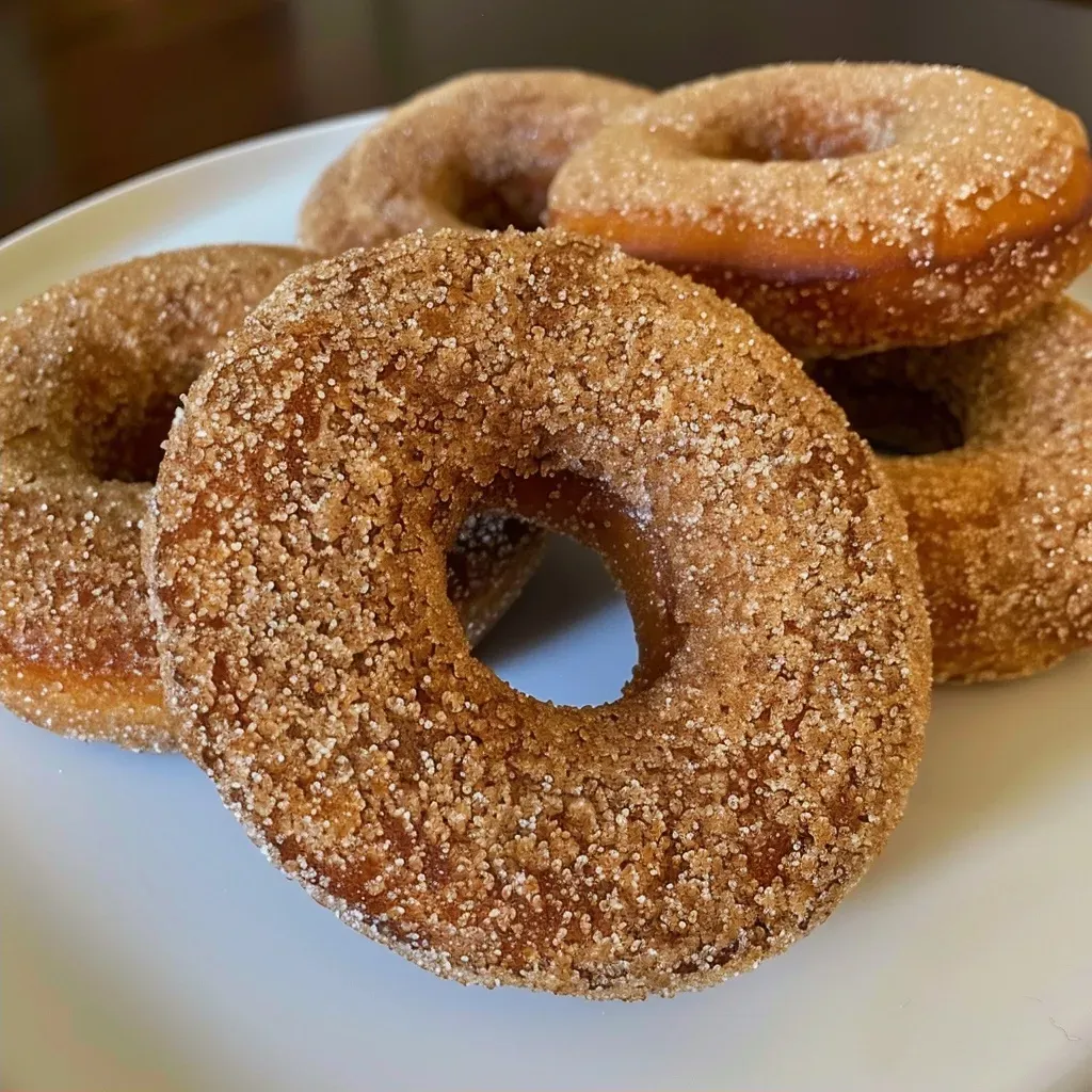 Close-up view of a healthy baked apple cider donut, showcasing its golden-brown texture.