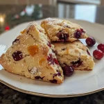 ['Close-up view of freshly baked cranberry orange scones with visible cranberries and orange zest.', 'Side angle photo of golden brown cranberry orange scones, highlighting their flaky texture and juicy ingredients.', 'Juicy cranberry orange scones displayed on a rustic surface, showcasing their vibrant colors and texture.', 'Appetizing close-up of healthy scones featuring cranberries and orange zest, perfect for breakfast or brunch.']