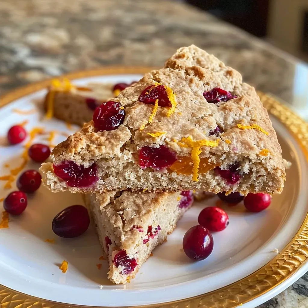 ['Close-up view of freshly baked cranberry orange scones with visible cranberries and orange zest.', 'Side angle photo of golden brown cranberry orange scones, highlighting their flaky texture and juicy ingredients.', 'Juicy cranberry orange scones displayed on a rustic surface, showcasing their vibrant colors and texture.', 'Appetizing close-up of healthy scones featuring cranberries and orange zest, perfect for breakfast or brunch.']