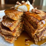 ['Close-up of fluffy sweet potato pancakes topped with coconut whip and crushed pecans.', 'Side view of healthy sweet potato pancakes with a drizzle of maple syrup and a dollop of cream.', 'Vibrant stack of sweet potato pancakes garnished with pecans, showcasing their rich texture.', 'Juicy sweet potato pancakes arranged on a plate, highlighting their golden-brown color and toppings.']