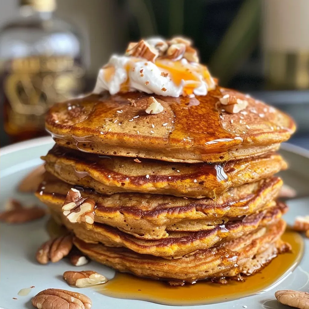 ['Close-up of fluffy sweet potato pancakes topped with coconut whip and crushed pecans.', 'Side view of healthy sweet potato pancakes with a drizzle of maple syrup and a dollop of cream.', 'Vibrant stack of sweet potato pancakes garnished with pecans, showcasing their rich texture.', 'Juicy sweet potato pancakes arranged on a plate, highlighting their golden-brown color and toppings.']