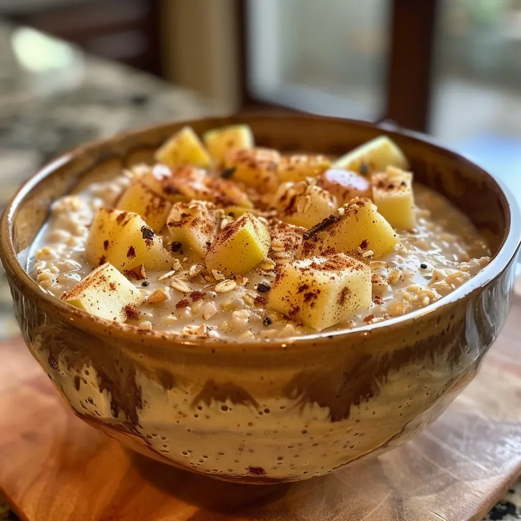 Close up of a bowl of High Protein Apple Cinnamon Overnight Oats with visible chopped apples and cinnamon.