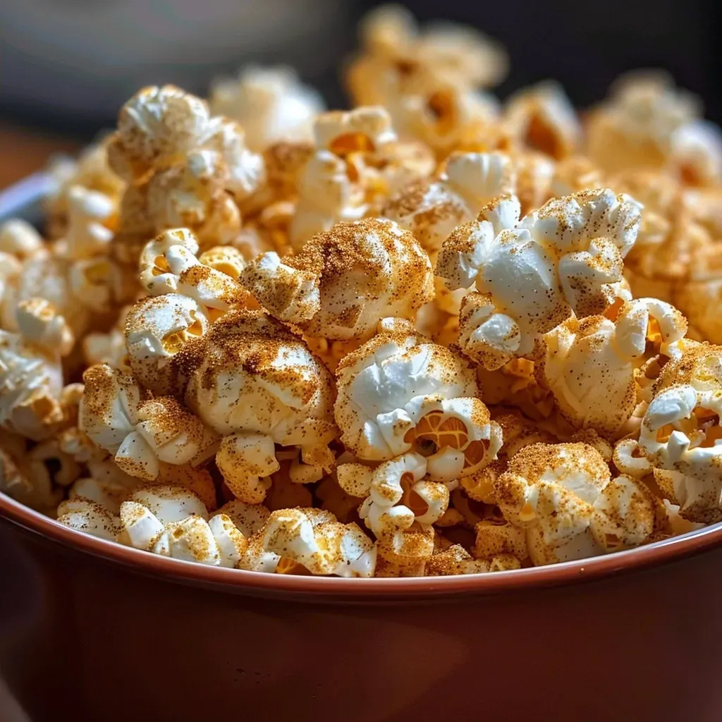 ['Close-up of golden popcorn coated in pumpkin spice seasoning.', 'Side view of homemade pumpkin spice popcorn in a bowl.', 'Tasty popcorn with a sprinkle of spices, presented in a cozy setting.', 'Delicious pumpkin spice popcorn, highlighted with a touch of cinnamon.']