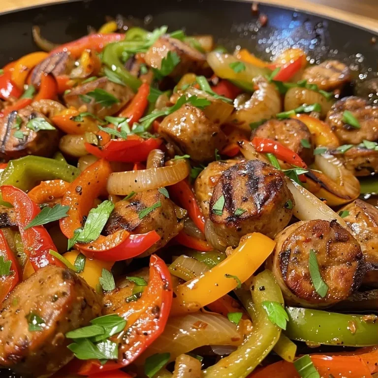 ['Juicy Italian sausage links and colorful bell peppers in a skillet.', 'Close-up of sizzling Italian sausage and pepper medley in a pan.', 'Vibrant red, green, and yellow bell peppers with sausage cooking in a skillet.', 'Italian sausage and peppers dish presented in a rustic skillet.']
