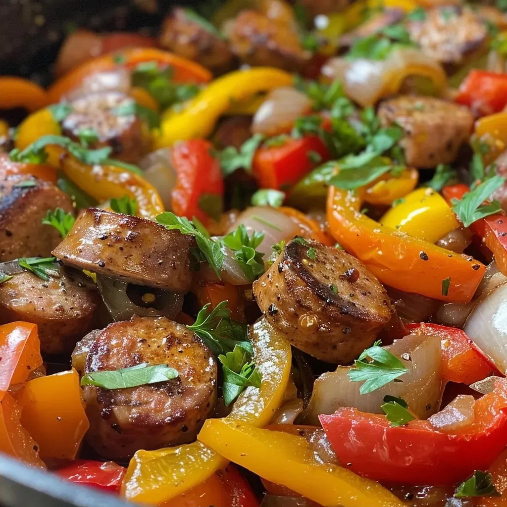 ['Juicy Italian sausage links and colorful bell peppers in a skillet.', 'Close-up of sizzling Italian sausage and pepper medley in a pan.', 'Vibrant red, green, and yellow bell peppers with sausage cooking in a skillet.', 'Italian sausage and peppers dish presented in a rustic skillet.']