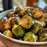['Close-up of roasted Brussels sprouts glistening with maple balsamic glaze.', 'Side view of caramelized Brussels sprouts drizzled with a rich balsamic sauce.', 'Juicy Brussels sprouts coated in a shiny maple balsamic dressing.', 'A vibrant dish of Brussels sprouts with a glossy glaze, showcasing textures.']