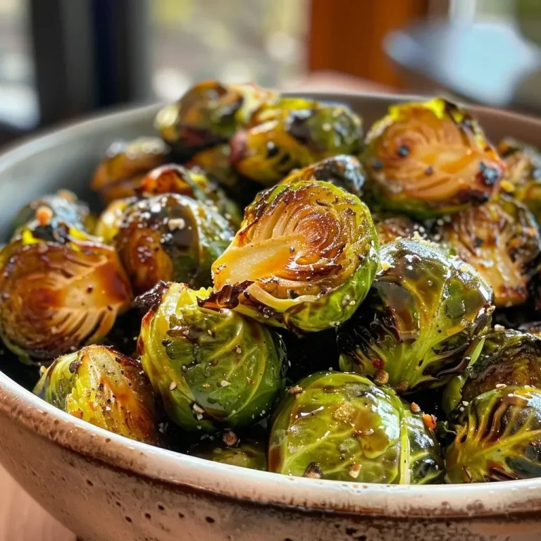 ['Close-up of roasted Brussels sprouts glistening with maple balsamic glaze.', 'Side view of caramelized Brussels sprouts drizzled with a rich balsamic sauce.', 'Juicy Brussels sprouts coated in a shiny maple balsamic dressing.', 'A vibrant dish of Brussels sprouts with a glossy glaze, showcasing textures.']