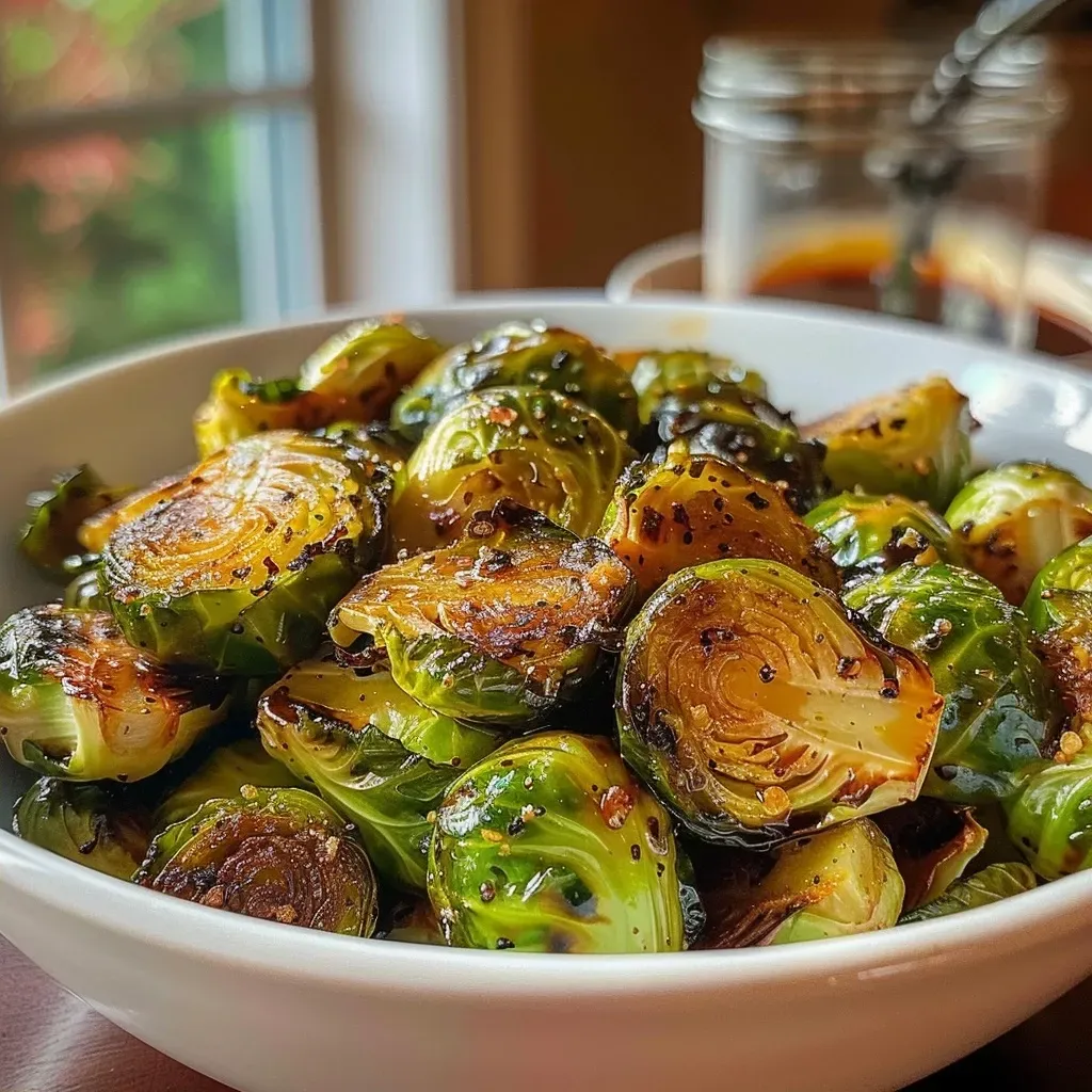 ['Close-up of roasted Brussels sprouts glistening with maple balsamic glaze.', 'Side view of caramelized Brussels sprouts drizzled with a rich balsamic sauce.', 'Juicy Brussels sprouts coated in a shiny maple balsamic dressing.', 'A vibrant dish of Brussels sprouts with a glossy glaze, showcasing textures.']