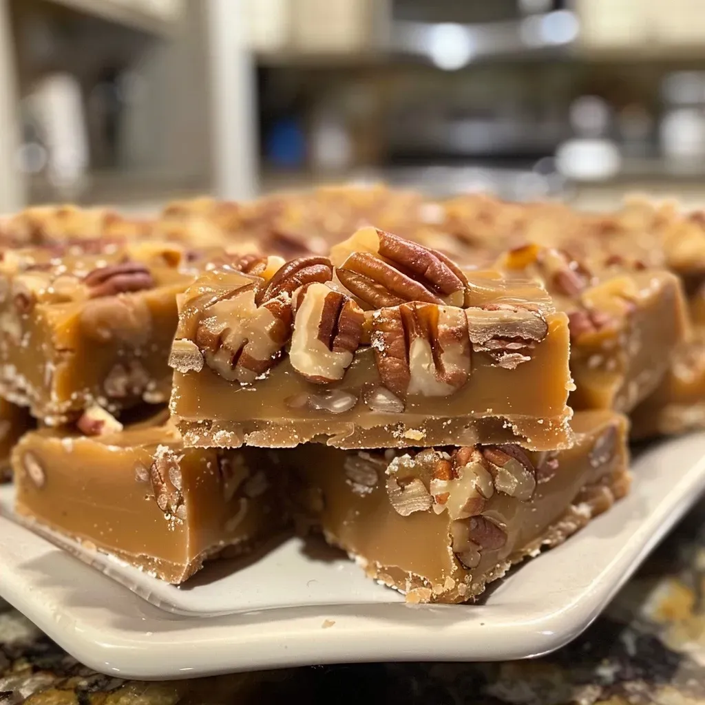 Close-up view of Maple Pecan Fudge with pecans on top.