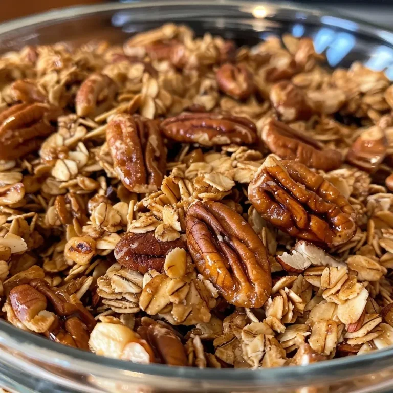 ['Close-up of crunchy Maple Pecan Granola in a bowl, showcasing its textures and colors.', 'Side view of Maple Pecan Granola with visible pecans and coconut flakes, glistening with maple syrup.', 'A detailed look at a mix of Maple Pecan Granola, highlighting oats, pecans, and shredded coconut.', 'A vibrant display of homemade Maple Pecan Granola, captured in natural light for clarity.']