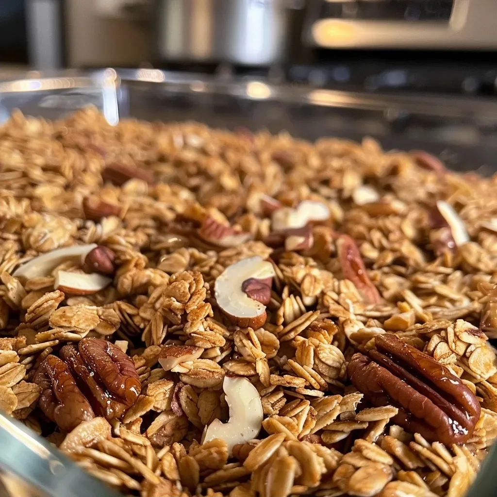 Close-up of crunchy Maple Pecan Granola in a bowl, showcasing its textures and colors.