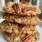 ['Close-up of a freshly baked maple pecan oatmeal cookie on a wooden surface.', 'Side view of golden-brown gluten-free maple pecan oatmeal cookies with visible pecans.', 'Juicy maple pecan oatmeal cookies stacked on top of each other, showcasing their texture.', 'Delicious maple pecan oatmeal cookies with a glossy finish, resting on a white plate.']