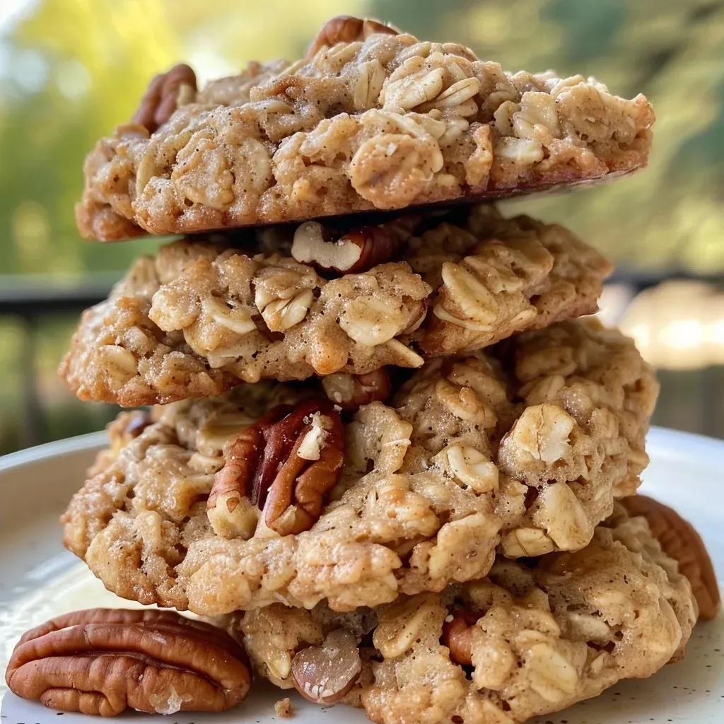 ['Close-up of a freshly baked maple pecan oatmeal cookie on a wooden surface.', 'Side view of golden-brown gluten-free maple pecan oatmeal cookies with visible pecans.', 'Juicy maple pecan oatmeal cookies stacked on top of each other, showcasing their texture.', 'Delicious maple pecan oatmeal cookies with a glossy finish, resting on a white plate.']