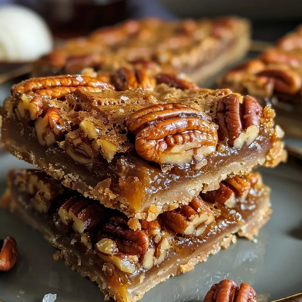 ['Close-up view of maple pecan pie bars with a golden top and chopped pecans.', 'Side view of maple pecan pie bars on a plate, showcasing a rich, gooey filling.', 'Deliciously baked maple pecan pie bars with a crumbly crust and a sprinkle of sea salt.', 'Tasty maple pecan pie bars with a glossy topping and a generous layer of nuts.']