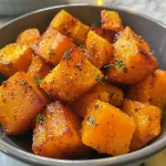 ['Close-up of glazed butternut squash cubes with a shiny maple syrup coating.', 'Side view of roasted butternut squash pieces, golden brown and glistening.', 'Juicy butternut squash cubes topped with maple syrup and sprinkled with salt.', 'Vibrant orange butternut squash chunks, caramelized and glistening in light.']