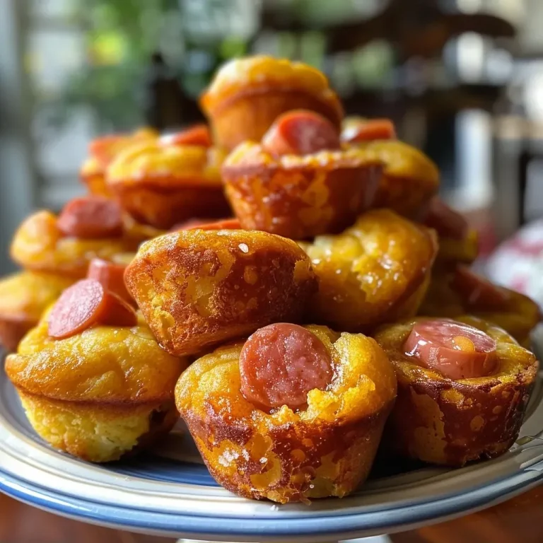 ['Close-up view of golden Mini Corn Dog Muffin Bites on a plate.', 'Side shot of Mini Corn Dog Muffin Bites arranged neatly with a dipping sauce.', 'Juicy Mini Corn Dog Muffin Bites featuring a crispy exterior and visible hot dog pieces.', 'A tempting close-up of freshly baked Mini Corn Dog Muffin Bites showcasing their fluffy texture.']