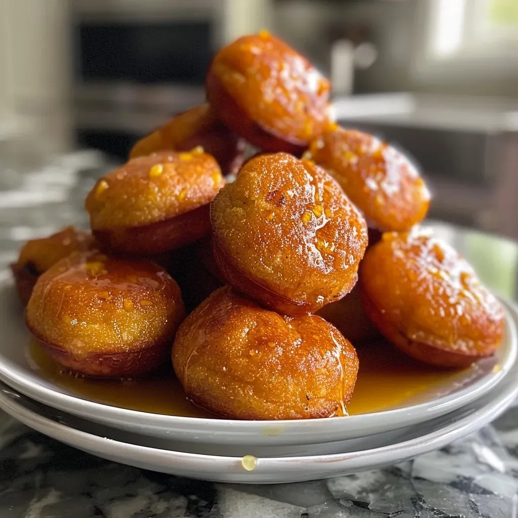 Close-up view of golden Mini Corn Dog Muffin Bites on a plate.