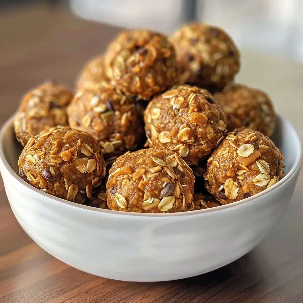 ['Close-up view of No Bake Pumpkin Spice Energy Bites on a plate.', 'Side view of delicious No Bake Pumpkin Spice Energy Bites with chocolate chips.', 'A cluster of No Bake Pumpkin Spice Energy Bites showcasing their texture.', 'Freshly made No Bake Pumpkin Spice Energy Bites arranged neatly on a wooden surface.']