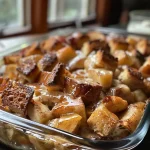 ['Close-up view of a baked French toast casserole topped with cinnamon and apple chunks.', 'Side view of a golden-brown cinnamon apple French toast casserole with a creamy texture.', 'Deliciously layered French toast casserole featuring apples and a dusting of cinnamon on top.', 'Juicy cinnamon apple baked French toast casserole with visible chunks of sourdough bread.']