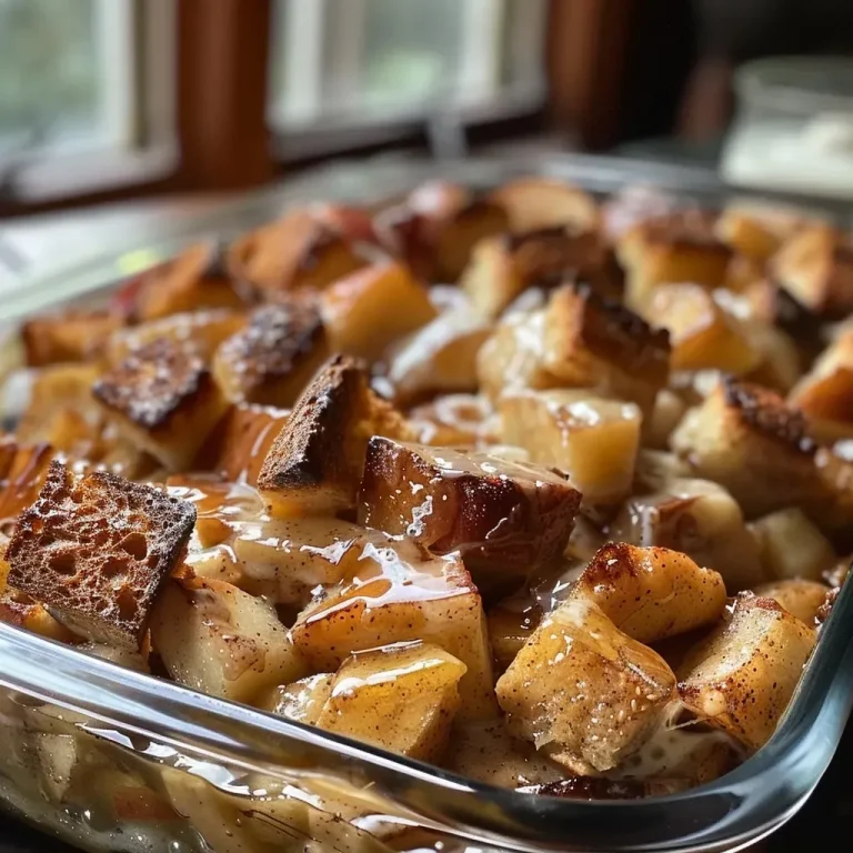 ['Close-up view of a baked French toast casserole topped with cinnamon and apple chunks.', 'Side view of a golden-brown cinnamon apple French toast casserole with a creamy texture.', 'Deliciously layered French toast casserole featuring apples and a dusting of cinnamon on top.', 'Juicy cinnamon apple baked French toast casserole with visible chunks of sourdough bread.']