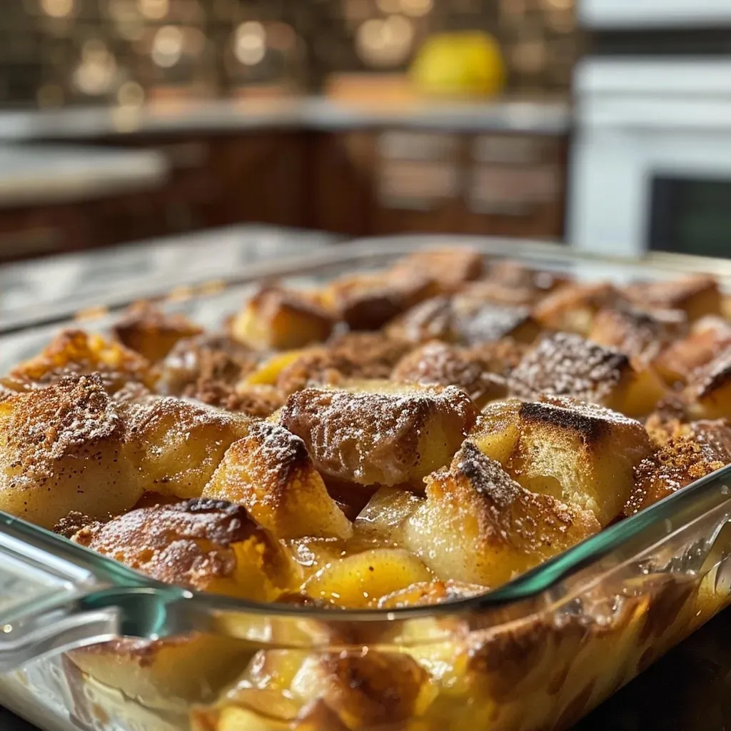 Close-up view of a baked French toast casserole topped with cinnamon and apple chunks.