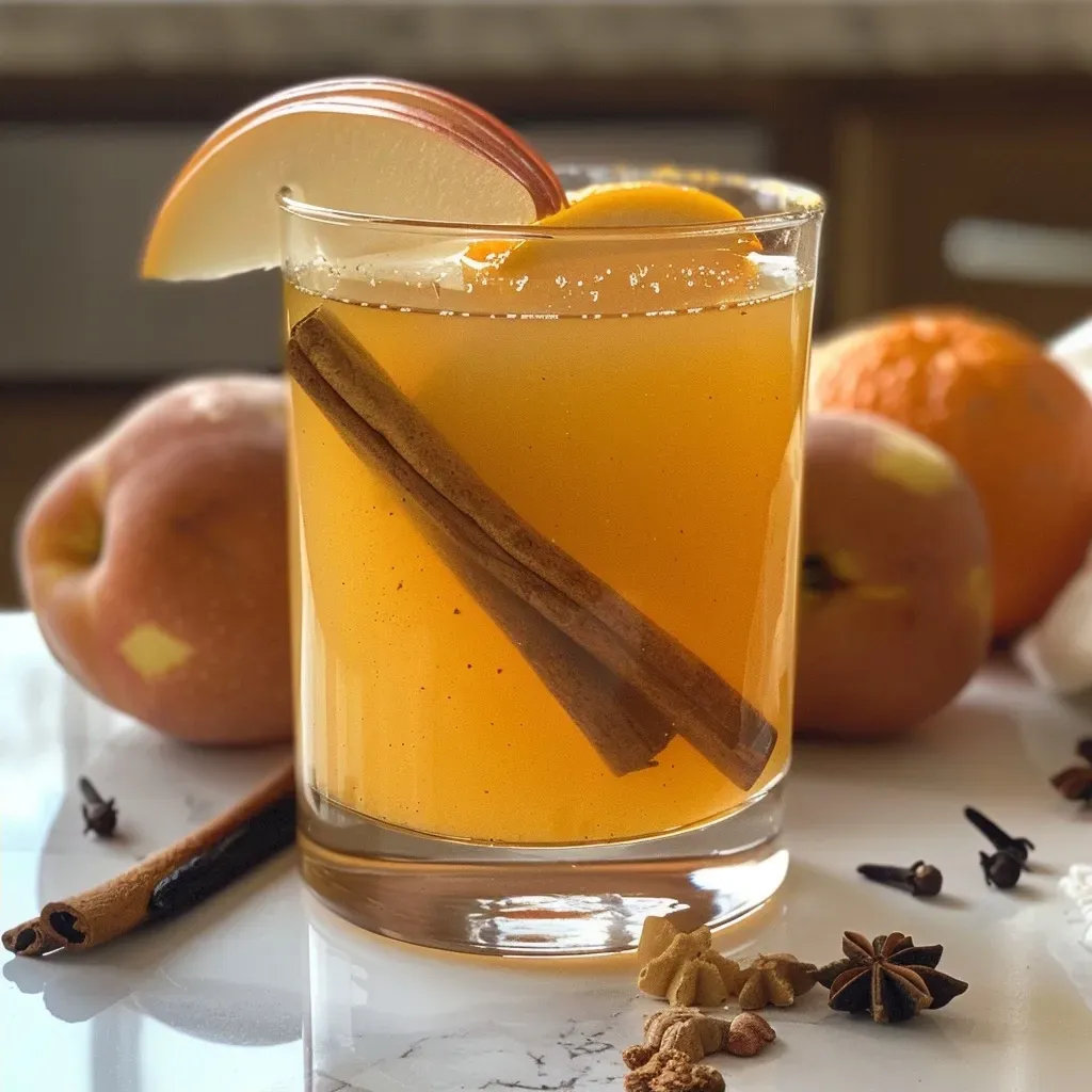 ['A close-up view of a glass of pear cider with a slice of orange and cinnamon sticks.', 'Juicy pear cider in a glass, garnished with orange slices and spices.', 'Side view of a refreshing pear cider, highlighting its golden color and garnishes.', 'Close-up shot of a frothy pear cider drink with decorative fruit and spice elements.']